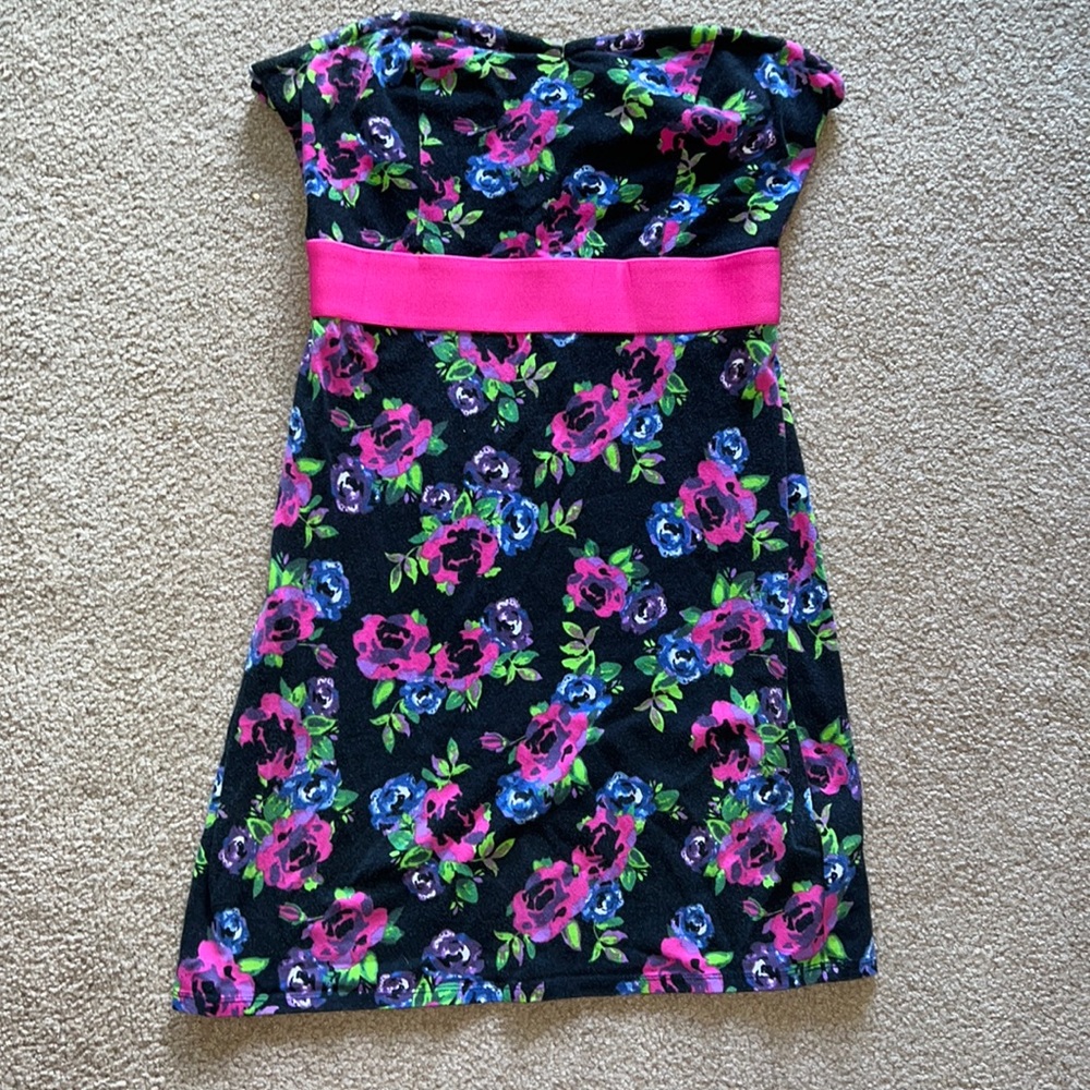 Strapless Bodycon Dress Floral Print Hot Pink Stretchy Attached Belt